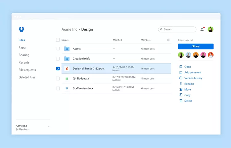 A Dropbox interface showing a shared folder named "Design" with files listed. Selected file, "Design all hands 3-22.pptx," has sharing options on the right. Users are viewing and editing the folder.