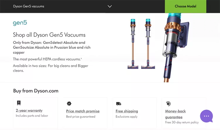 Screenshot of a website for Dyson Gen5 Vacuums showing two vacuum models and details about warranty, pricing, free shipping, and a money-back guarantee.