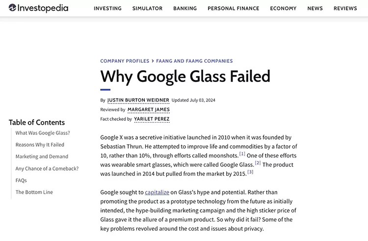 Screenshot of an Investopedia article titled "Why Google Glass Failed," discussing the history and reasons for the product's market failure, including an introduction and a table of contents on the left.