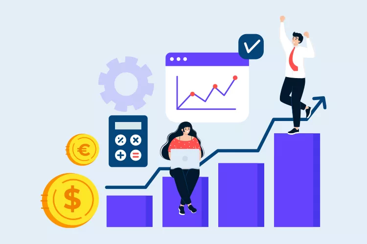 Illustration of a man cheering atop a bar graph, a woman with a laptop, coins, a calculator, gear, and a chart with a rising trend line.