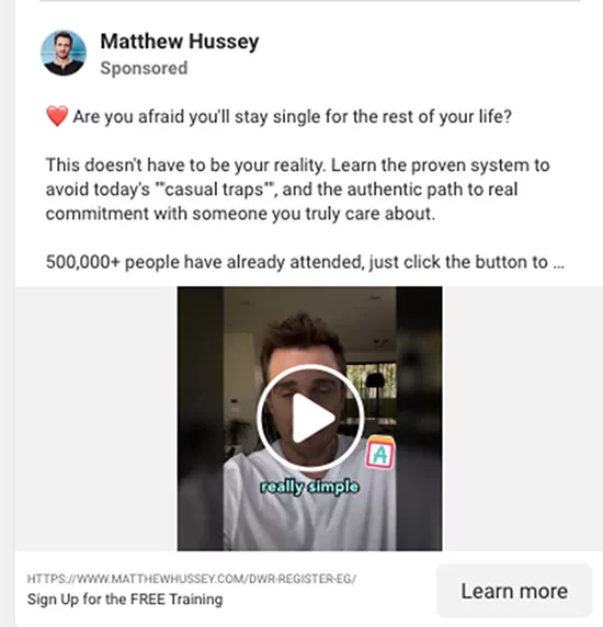 Advertisement for Matthew Hussey's relationship training video. Text emphasizes learning a proven system to avoid casual traps and find true commitment. Features a "Learn more" button.