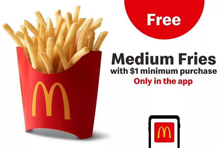 A promotion offers free medium fries with a $1 minimum purchase through the McDonald's app.