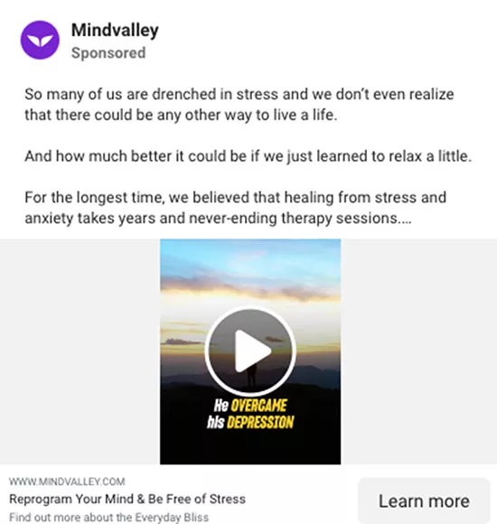 An advertisement from Mindvalley promoting a video about overcoming depression and reprogramming the mind to be free of stress, featuring a "Learn more" button.