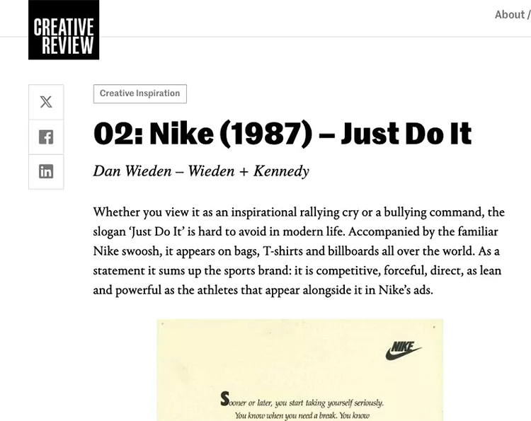 Screenshot of a Creative Review article titled "02: Nike (1987) – Just Do It," discussing the famous Nike slogan and its global impact on branding. A Nike advertisement is partially visible at the bottom.