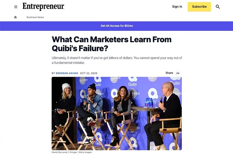 Four people are seated on a stage discussing "What Can Marketers Learn From Quibi's Failure?" during a panel at an event. Text on screen shows the article is by Brendan Gahan, dated October 22, 2020.