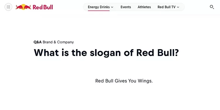 A webpage displaying the question "What is the slogan of Red Bull?" The answer below states, "Red Bull Gives You Wings.