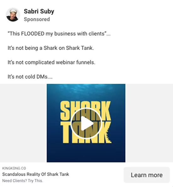 Screenshot of a Facebook post promoting a business service. The top text reads, "This FLOODED my business with clients..." followed by statements about non-traditional marketing methods. A "Shark Tank" logo is visible.