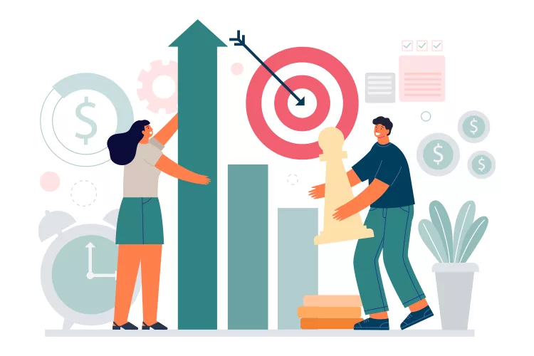 Two people are interacting with bar graphs and a target board, symbolizing business growth and strategic planning. Additional icons include money symbols, a clock, and a large chess piece.