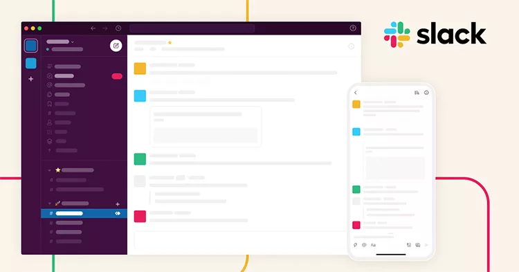 A computer screen and a smartphone display the Slack application interface, featuring a list of channels and conversations. The Slack logo is shown in the upper right corner.