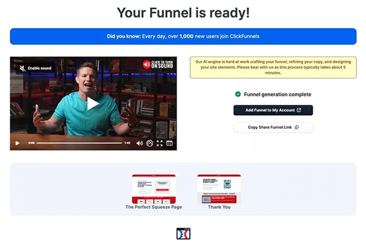 Screenshot of ClickFunnels page showing a video player with a man in a blue shirt, followed by a "Funnel generation complete" notification, and options to finalize the funnel and view related pages.