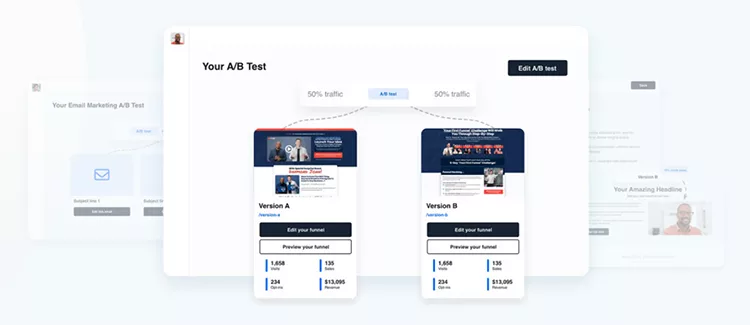 A webpage displaying an A/B test interface with two versions of a web page (Version A and Version B) for comparison. Traffic is split 50/50 between the two versions. Options to edit the A/B test are available.