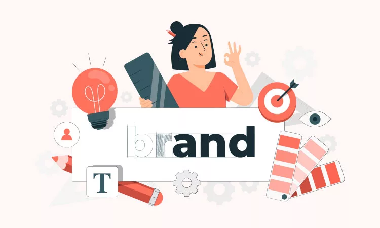 Illustration of a person holding design tools surrounded by branding elements such as a light bulb, target, color palette, and gears, indicating concepts of developing a brand identity.