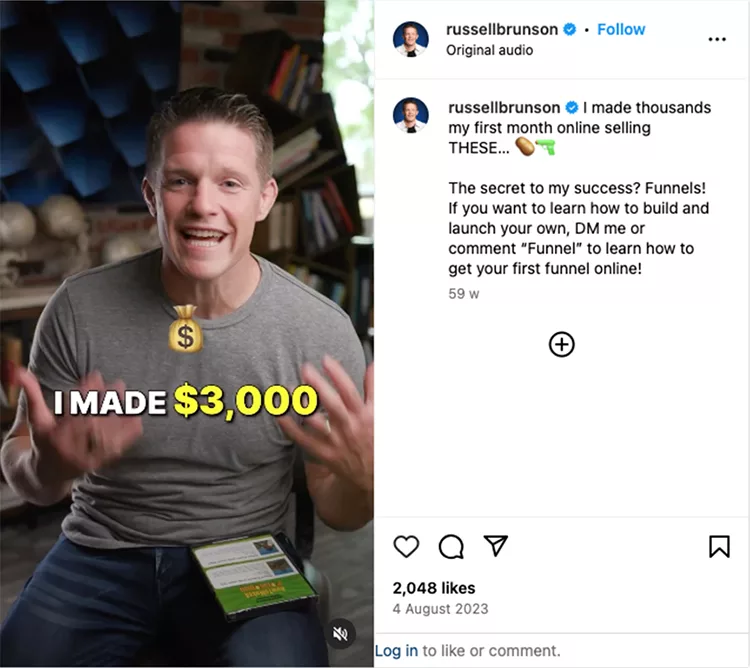 A person excitedly explains earning $3,000 through online selling, promoting learning about sales funnels via messaging or commenting in a social media post.