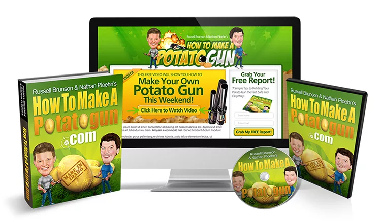 A computer screen, DVD, book, and reports with "How to Make a Potato Gun" branding, featuring cartoonish illustrations of two smiling men and promotional text.