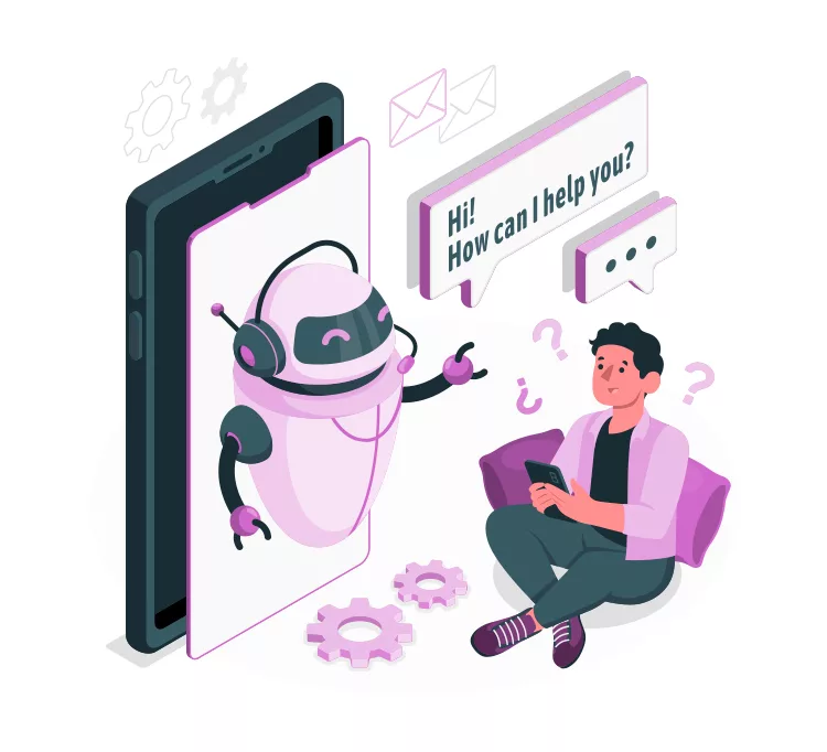 A man sitting on a purple chair looks at his phone while a robot on the phone screen asks, "Hi! How can I help you?". Speech bubbles and gears are around them, emphasizing communication and technology.