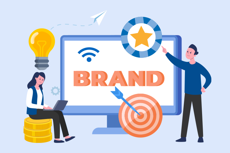 Illustration of two people working on branding. One person sits on coins with a laptop, the other points to a star on a screen displaying the word "BRAND." Surroundings include lightbulb, target, and Wi-Fi icon.