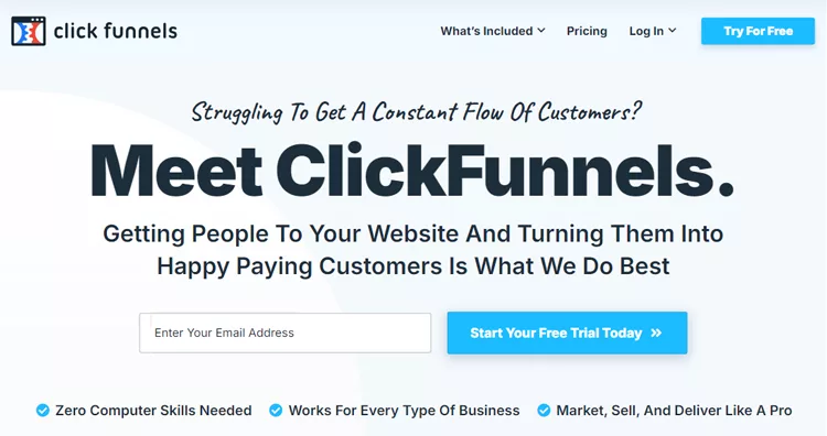 ClickFunnels webpage offering a free trial, emphasizing customer conversion and listing benefits like no computer skills needed and applicability to any business type.