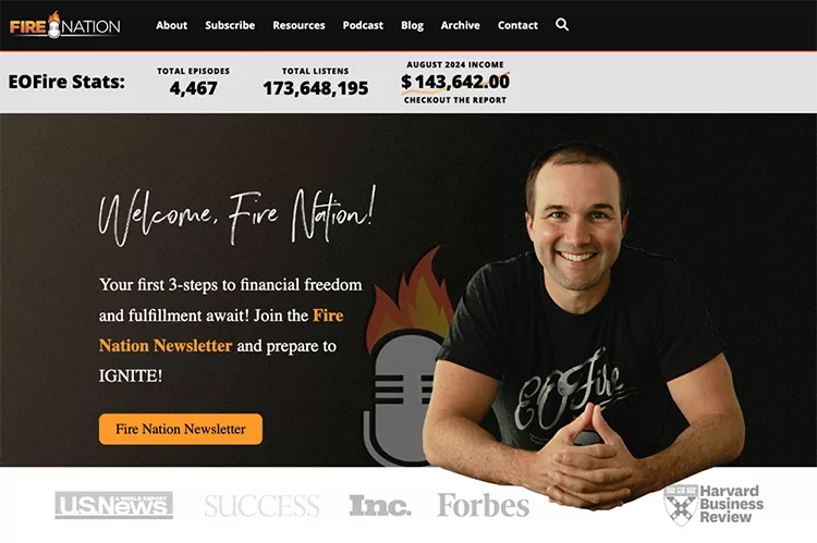 Website screenshot with a smiling person, "Fire Nation" branding, income stats, newsletter invitation, and logos of media outlets like US News, Success, Inc., Forbes, and Harvard Business Review.