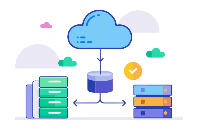 Illustration of a cloud storage system connecting to servers. The cloud is linked to a central database that communicates with two sets of servers represented by stacks of green and blue books.