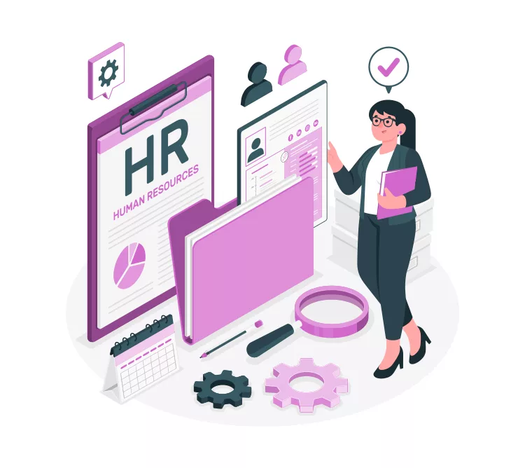 Illustration of a human resources professional standing next to HR-related documents, a computer, clipboard, and cogwheels, symbolizing HR processes and tools.