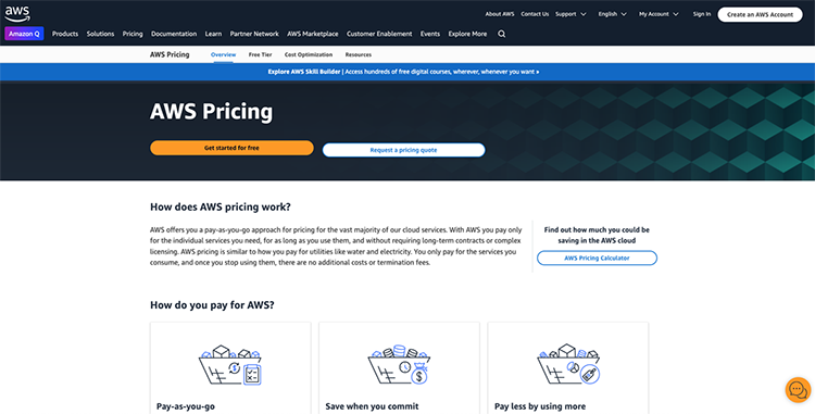 Screenshot of the AWS Pricing page, displaying options like "Pay as you go," "Save when you commit," and "Pay less by using more." The page offers buttons for exploring the pricing calculator and requesting a pricing quote.