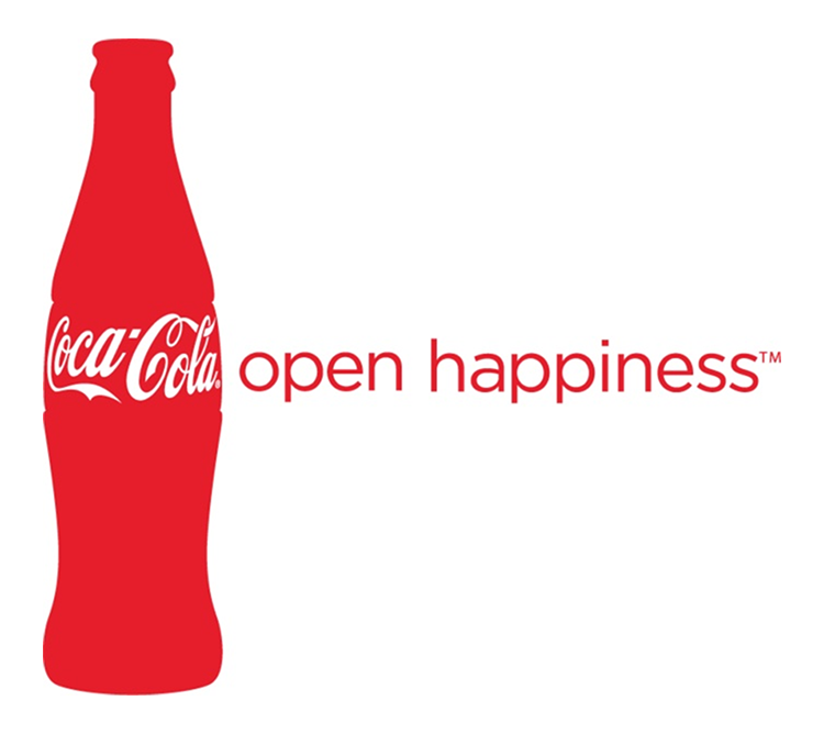 Red silhouette of a Coca-Cola bottle on the left side with the words "Coca-Cola" on it in white. To the right, "open happiness™" is written in red text.