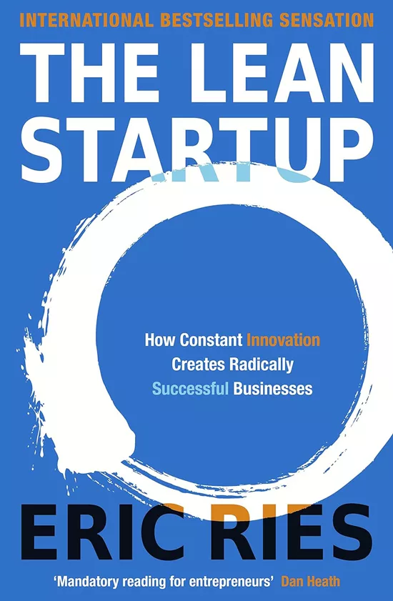 The book cover of "The Lean Startup" by Eric Ries, featuring a blue background with white brushstroke circle and text highlighting innovation in business.