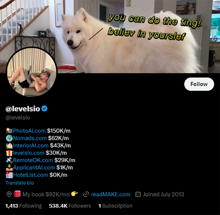 Twitter profile of "@levelsio" featuring a cover photo of a large white dog with text, "you can do the ting! believe in yourself." The profile displays earnings from various online sources.