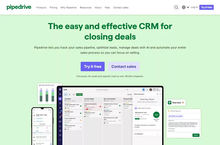 Screenshot of Pipedrive's website homepage, highlighting its CRM software for closing deals with options to "Try it free" and "Contact sales." Includes a tablet displaying the software interface.