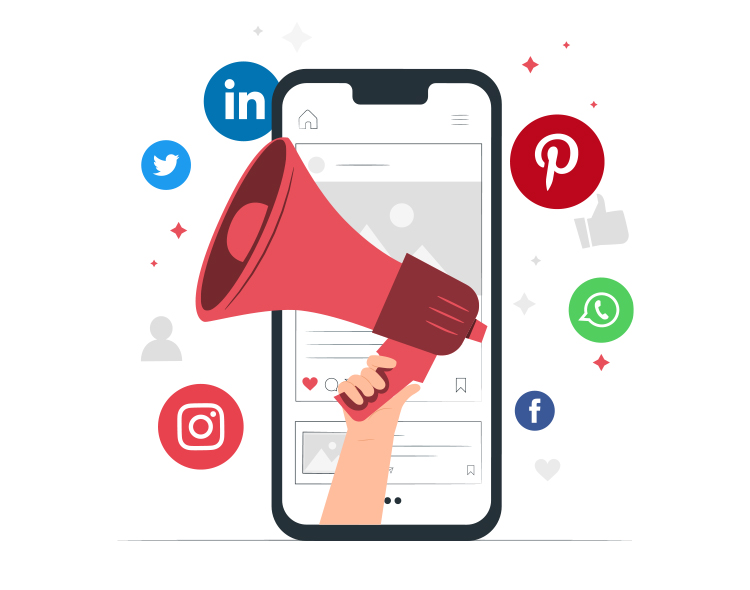 Illustration of a smartphone with a hand holding a megaphone emerging from the screen, surrounded by various social media icons including LinkedIn, Twitter, Pinterest, Instagram, WhatsApp, and Facebook.