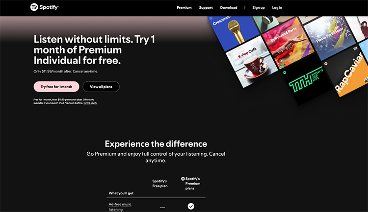 Spotify homepage offering a one-month free trial for Premium Individual plans, featuring options to learn more about the plans and user support in the menu, with music album covers displayed on the right.