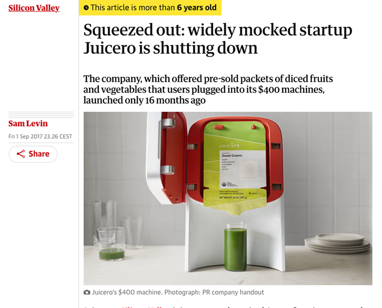 A headline reads "Squeezed out: widely mocked startup Juicero is shutting down." Below it, a Juicero machine squeezes a juice packet. The machine was launched 16 months ago and sold for $400.