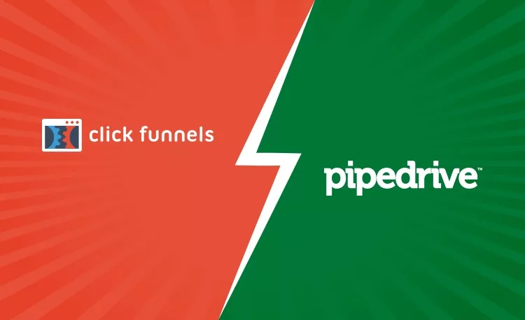 An image showing the logos of ClickFunnels and Pipedrive, separated by a white zigzag line against a red and green background.