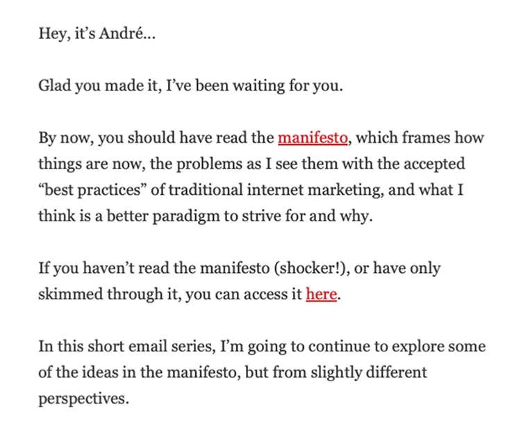 Screenshot of an email from André discussing a manifesto on internet marketing, inviting readers to explore ideas and providing links to the manifesto and additional content.