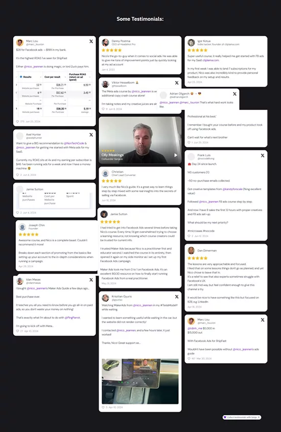 A collage of testimonials featuring screenshots of social media comments and reviews, praising a person for their advice and strategies in increasing followers and enhancing online presence.