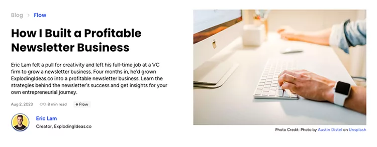 Blog page featuring an article titled "How I Built a Profitable Newsletter Business" with a workspace image showing a person typing on a keyboard.