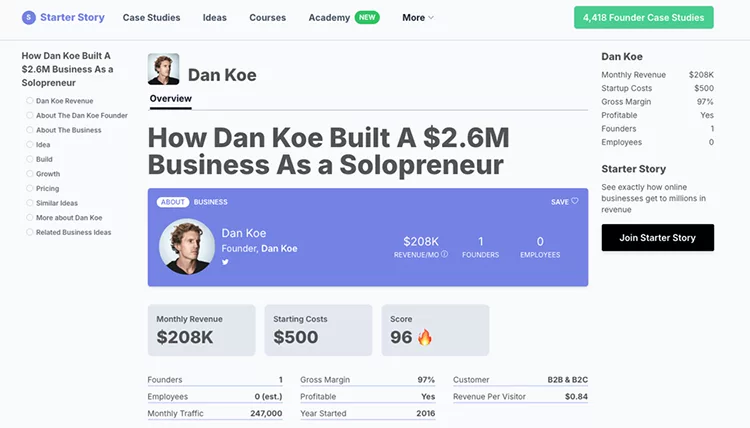 A webpage detailing how "Dan Koe" built a $2.6M business as a solopreneur, featuring financial stats and a section to join Starter Story.