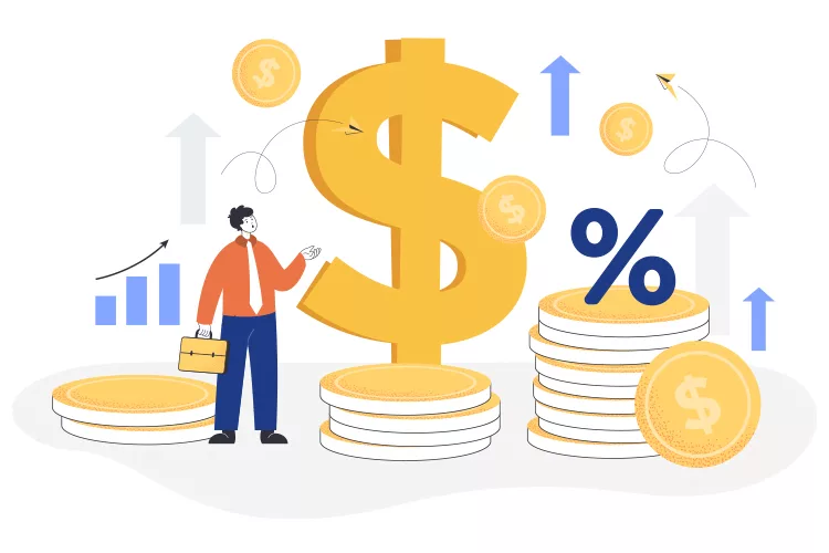 Illustration of a person with a briefcase standing next to a large dollar sign, surrounded by coins, percentage symbol, and upward arrows, representing financial growth.