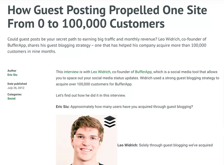 Screenshot of an interview with Leo Widrich discussing how guest blogging helped BufferApp gain 100,000 customers.