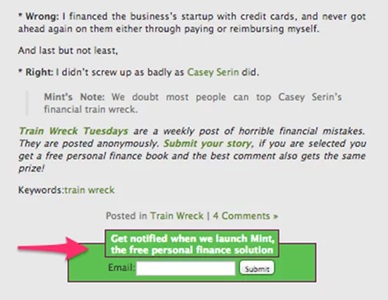 Screenshot of a blog post discussing financial mistakes and promoting Mint's personal finance solution with an email signup form for notifications.