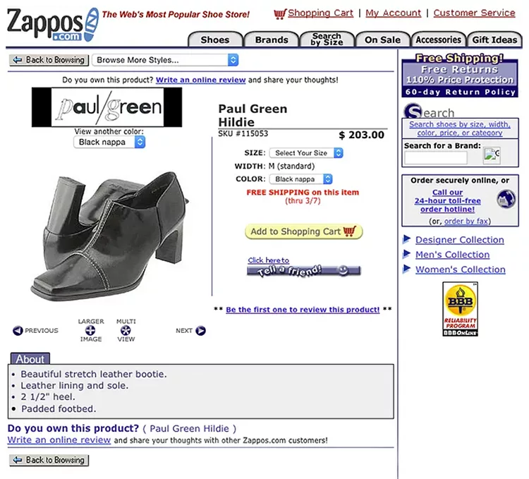 Screenshot of a Zappos product page featuring a black Paul Green women's shoe named "Hildie," priced at $203. The page includes shoe details, size selection, and various site navigation links.