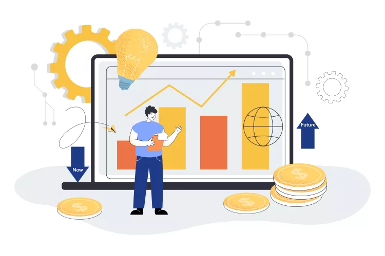 Illustration of a person standing by a large screen displaying bar graphs and an upward arrow, surrounded by gears, a lightbulb, and stacks of coins, symbolizing financial growth and ideas.