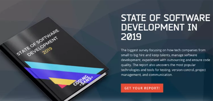 Book and text about "State of Software Development in 2019" with a call-to-action button for getting a report.