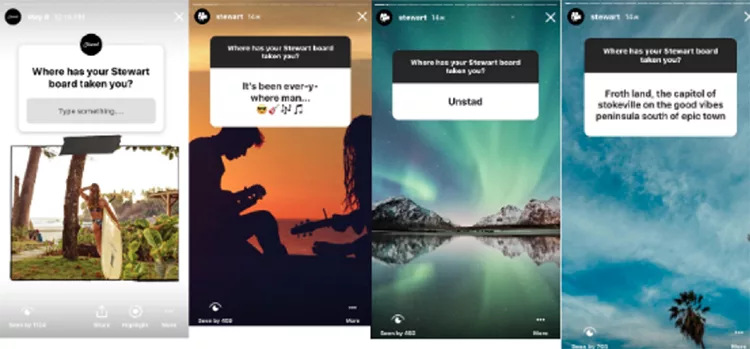 A collage of Instagram stories showcases travel scenes such as tropical foliage, musicians, aurora borealis, and a serene lakeside, with prompts asking about Stewart board travel experiences.