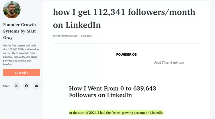 Screenshot of a LinkedIn article titled "How I get 112,341 followers/month on LinkedIn" detailing the fastest-growing account from 0 to 639,643 followers at the start of 2024.