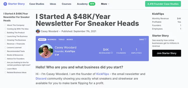 Webpage showcasing an article about starting a $48K/year sneaker newsletter. Includes author Casey Woodard, business details, and sections on business tools and resources.