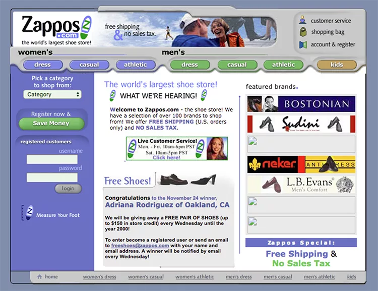 Screenshot of Zappos website showcasing shoe categories, customer service options, featured brands like Bostonian and Sudini, and a promotion for free shipping and no sales tax.