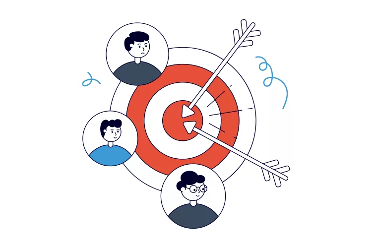 Illustration of a target with arrows and three person icons around it, indicating a concept of reaching or focusing on specific individuals.