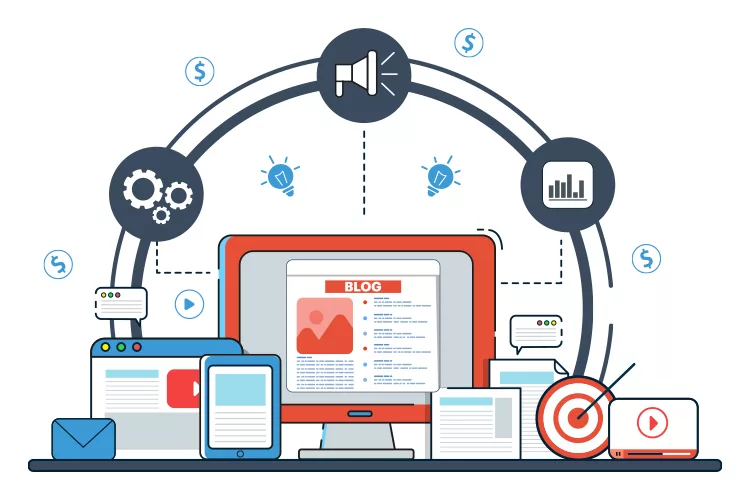 Illustration of digital marketing, featuring a computer with a blog screen, surrounded by icons representing graphs, communication, and devices like tablets and phones.