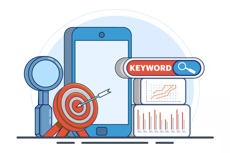 Illustration of a smartphone, magnifying glass, target with arrow, and search-related graphics, representing keyword research and analysis.